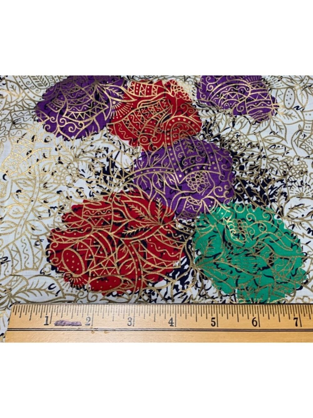 Floral Cotton Fabric Gold Accents Red/Green/Purple Design 1/2 yard x 35" Sewing